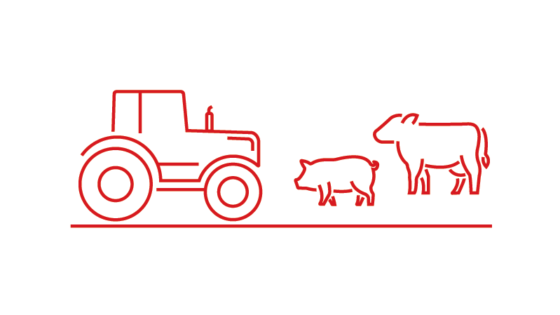 Ikon landbrug - ikonet viser en traktor, en gris og en ko - rød stregtegning
