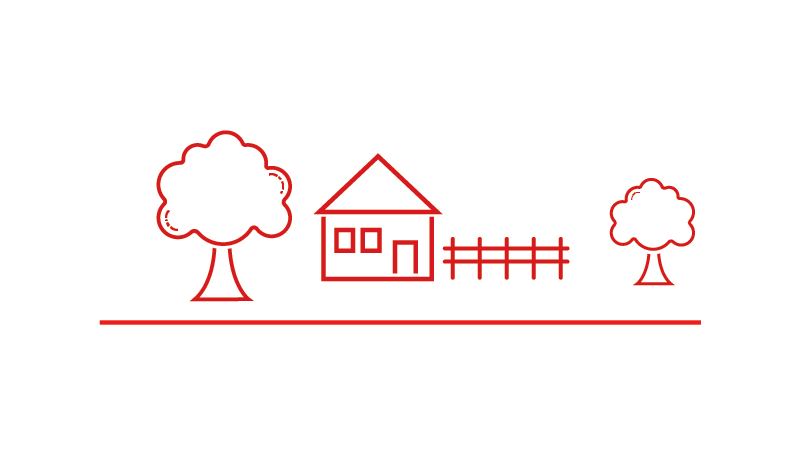 Ikon for Landzone - ikonet viser træer, et hus og et stakit  - rød stregtegning