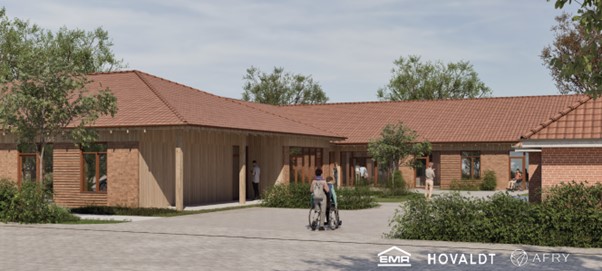 På billedet ses tegning af den kommende bygning udarbejdet af Hovaldt arkitekterne.